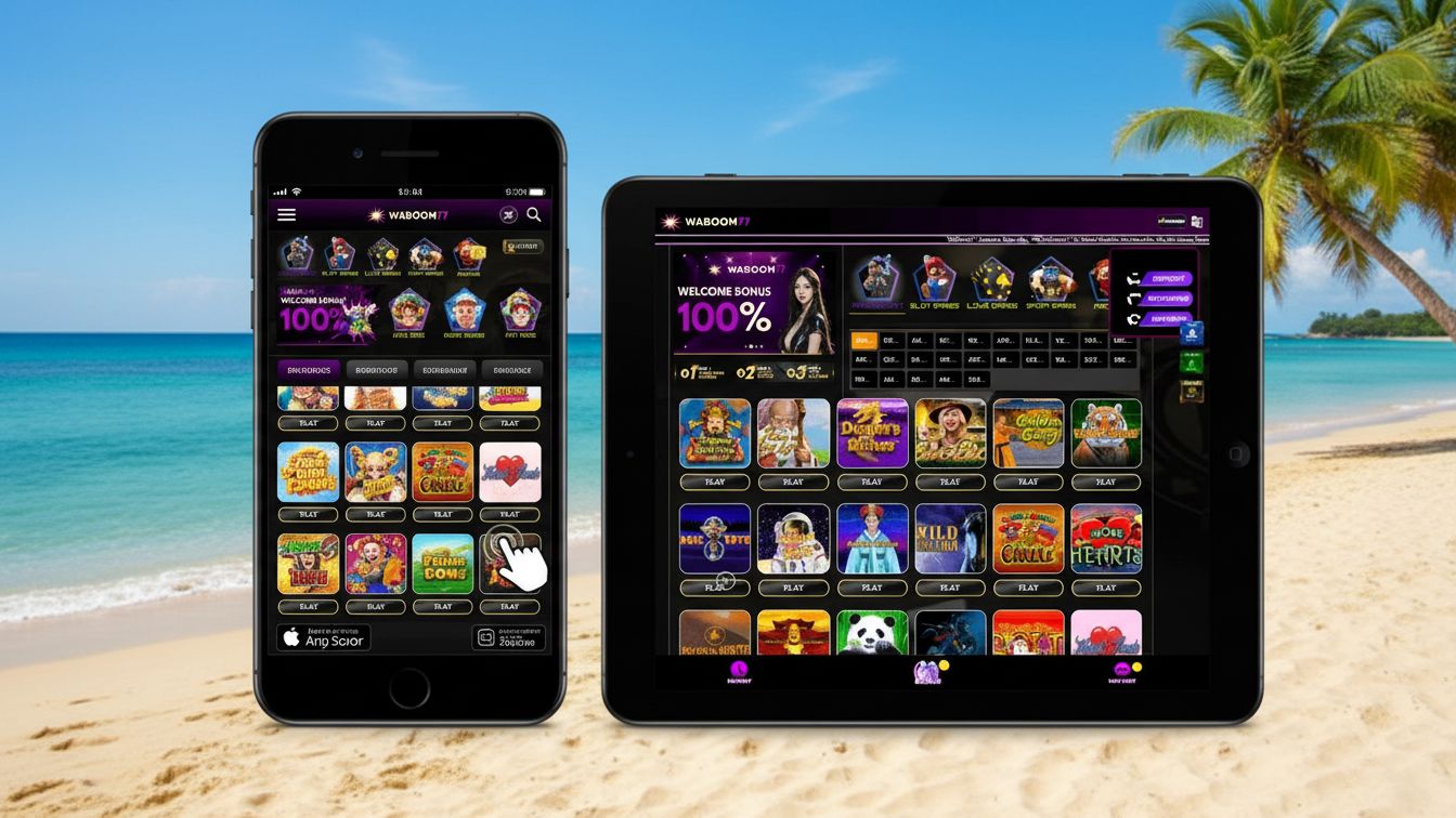 Mobile casino UI on phone and tablet with Australian theme
